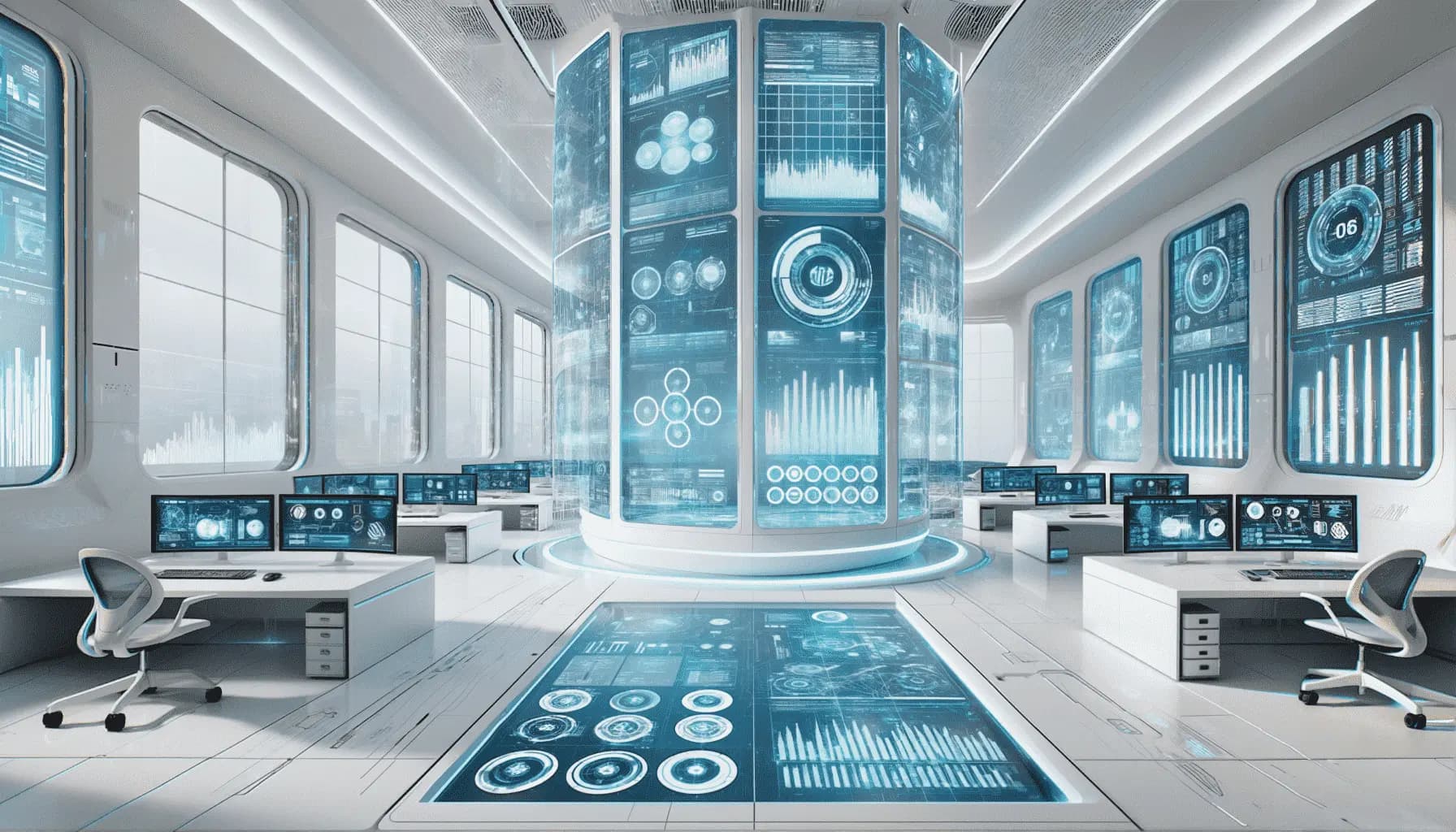 A futuristic control room with a large central column displaying various data on high-tech screens. The room is filled with multiple workstations, each equipped with dual monitors showing complex graphs, charts, and data readouts. The walls and floor also feature integrated digital displays, creating an immersive environment of advanced technology and data analysis.